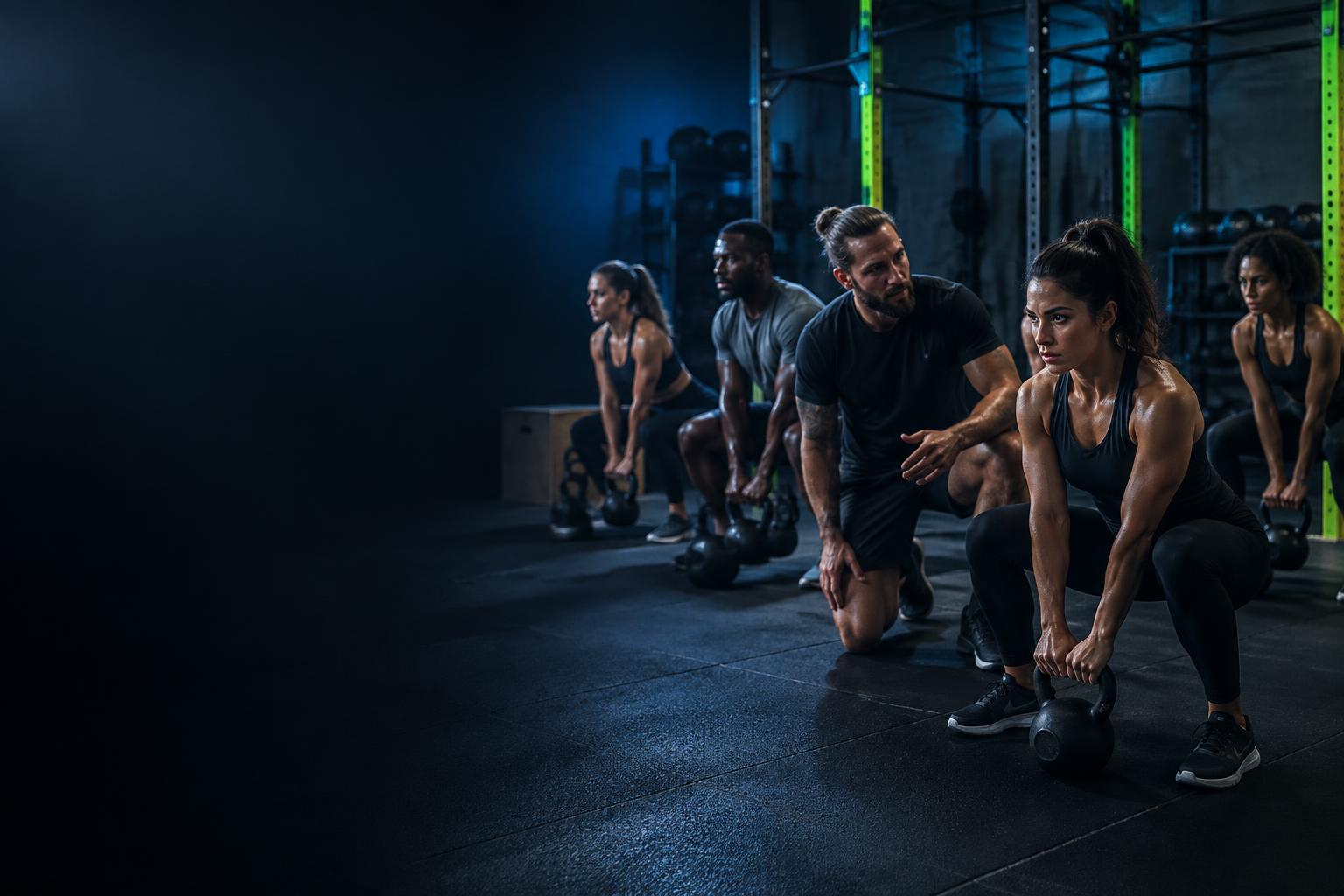 Coach guiding a diverse group through strength training in a boutique fitness studio.